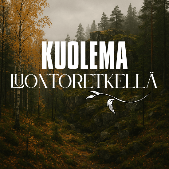 Kansikuva murhamysteeripelille kuolema luontoretkellä. Taustalla ruskainen lapin maisema ja isolla kuvatekstinä pelin nimi.