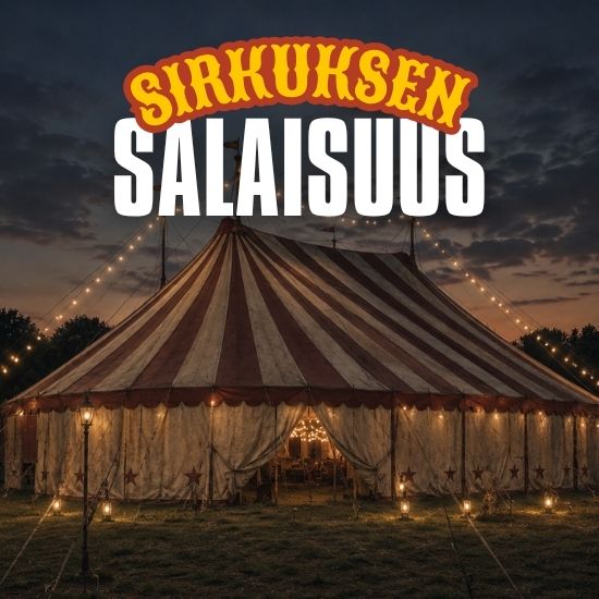 murhamysteeripeli ja sen kansikuva nimeltään sirkuksen salaisuus. Kuvassa sirkusteltta, minkä sisällä murha on tapahtunut, kuvatekstinä pelin nimi, sirkuksen salaisuus.